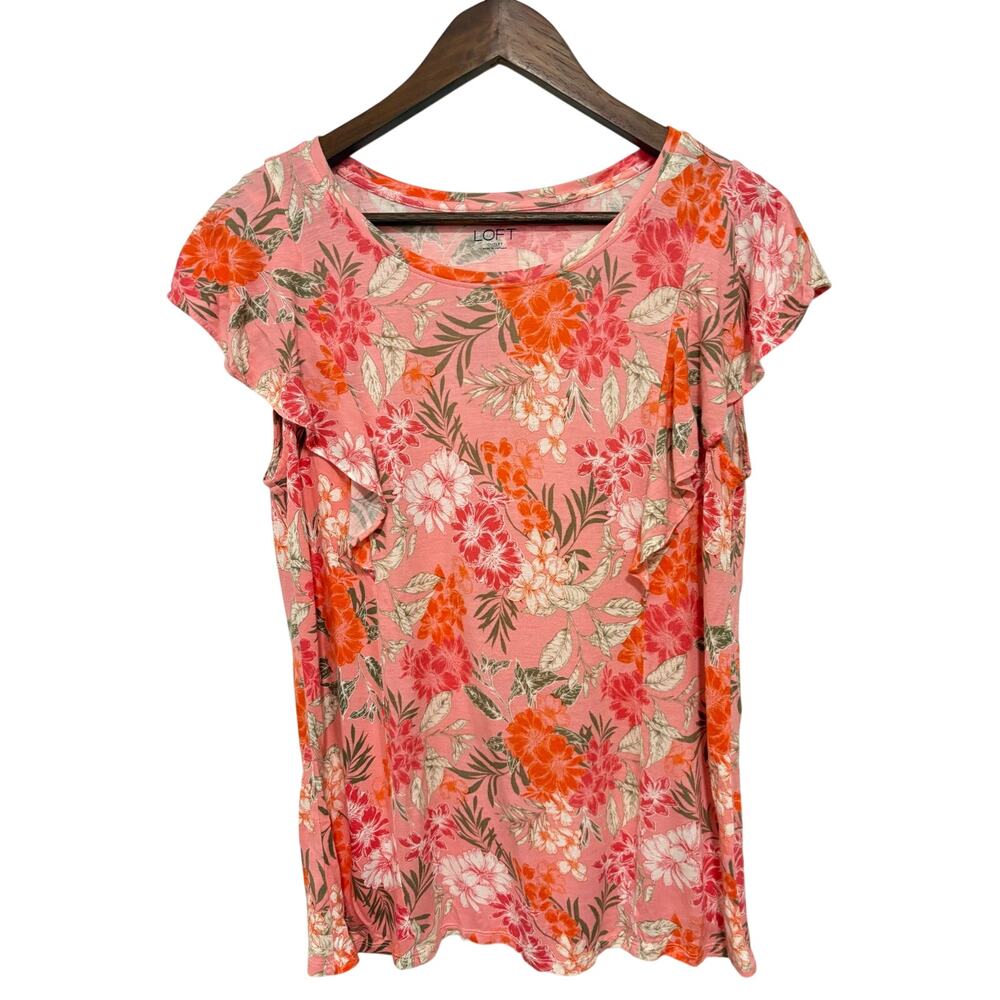 LOFT Outlet Floral Flutter Sleeve Top Pink Orange Rayon Blouse Women’s Small